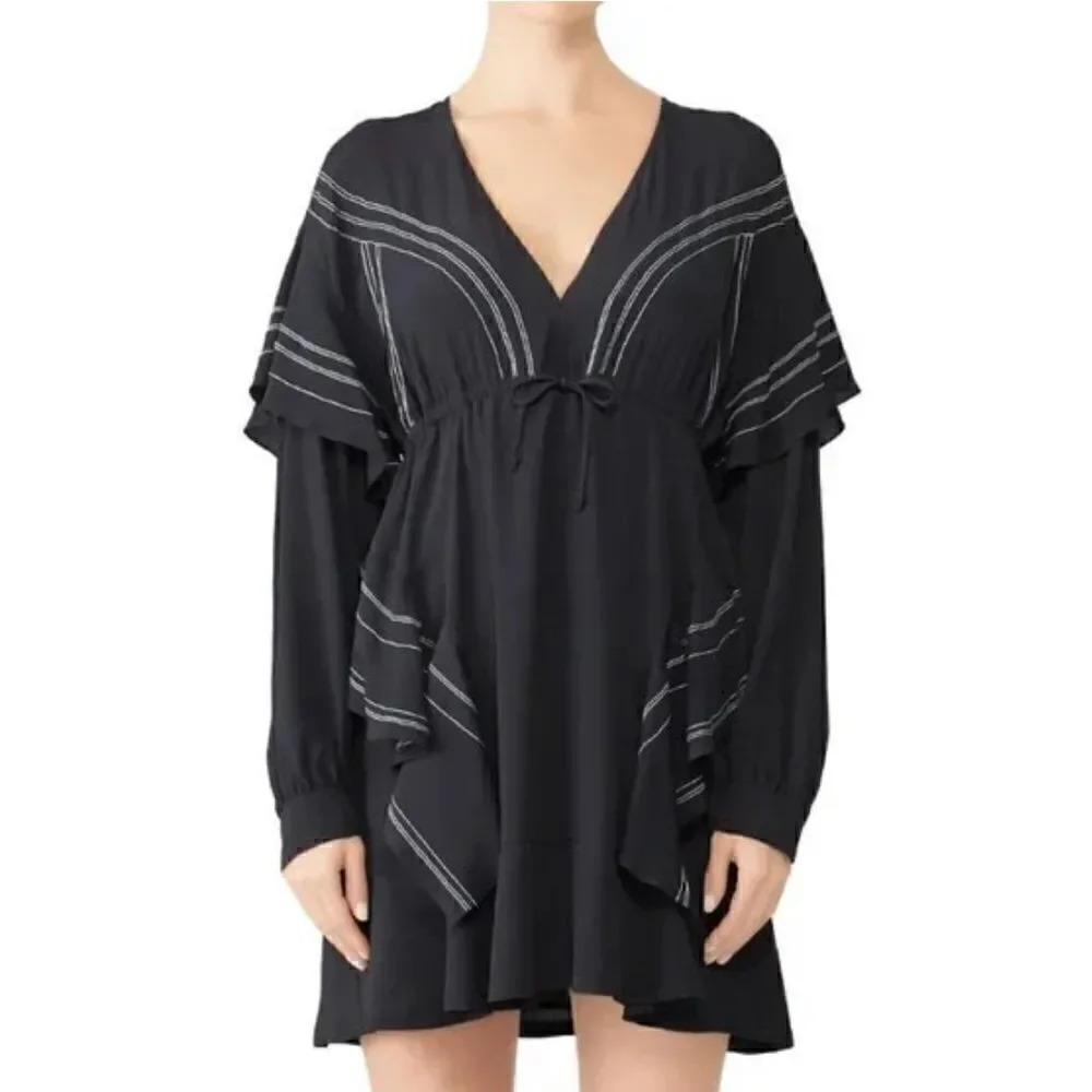 Iro Nine Black Silk Crepe Ruffle Long Sleeve Tunic